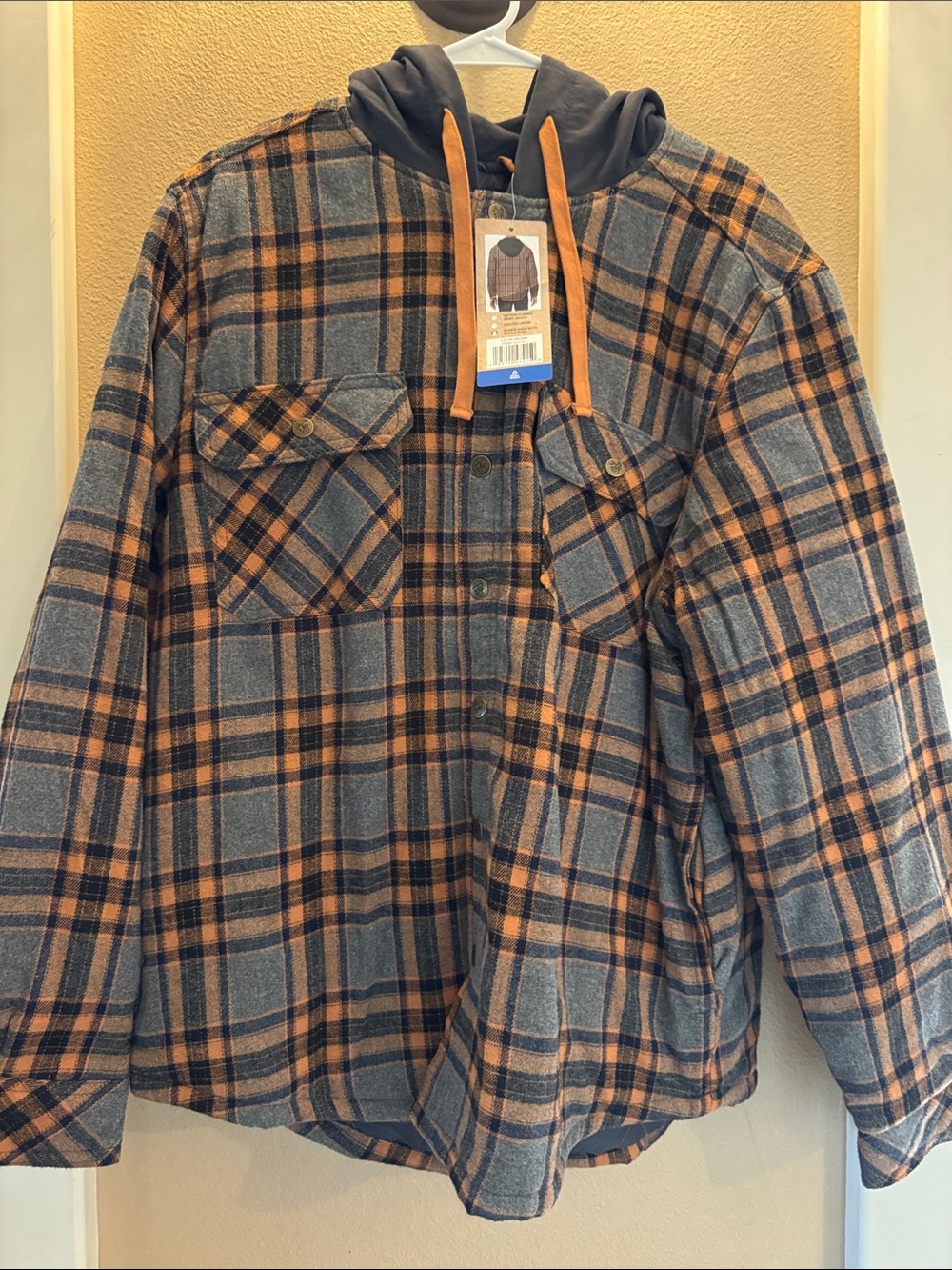 Men's Plaid quilted Shirt Jacket with Hood - Gray & Orange